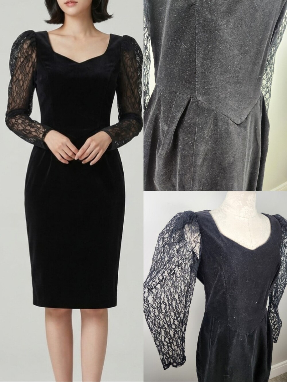 VTG Fits L Velvet Basque Waist Black Dress Lace Sleeve Witchy Vamp Lace Sleeves